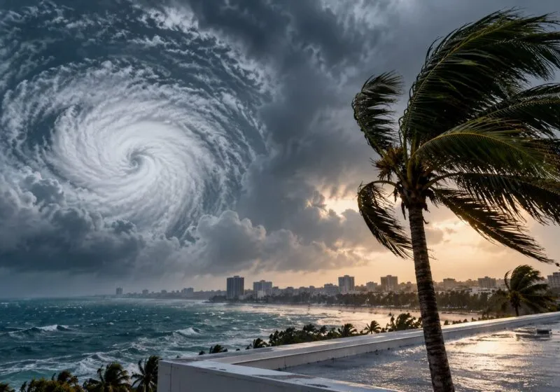 Tropical storm clouds over a Florida coastline seen from a commercial flat roof with palm trees bending in the wind